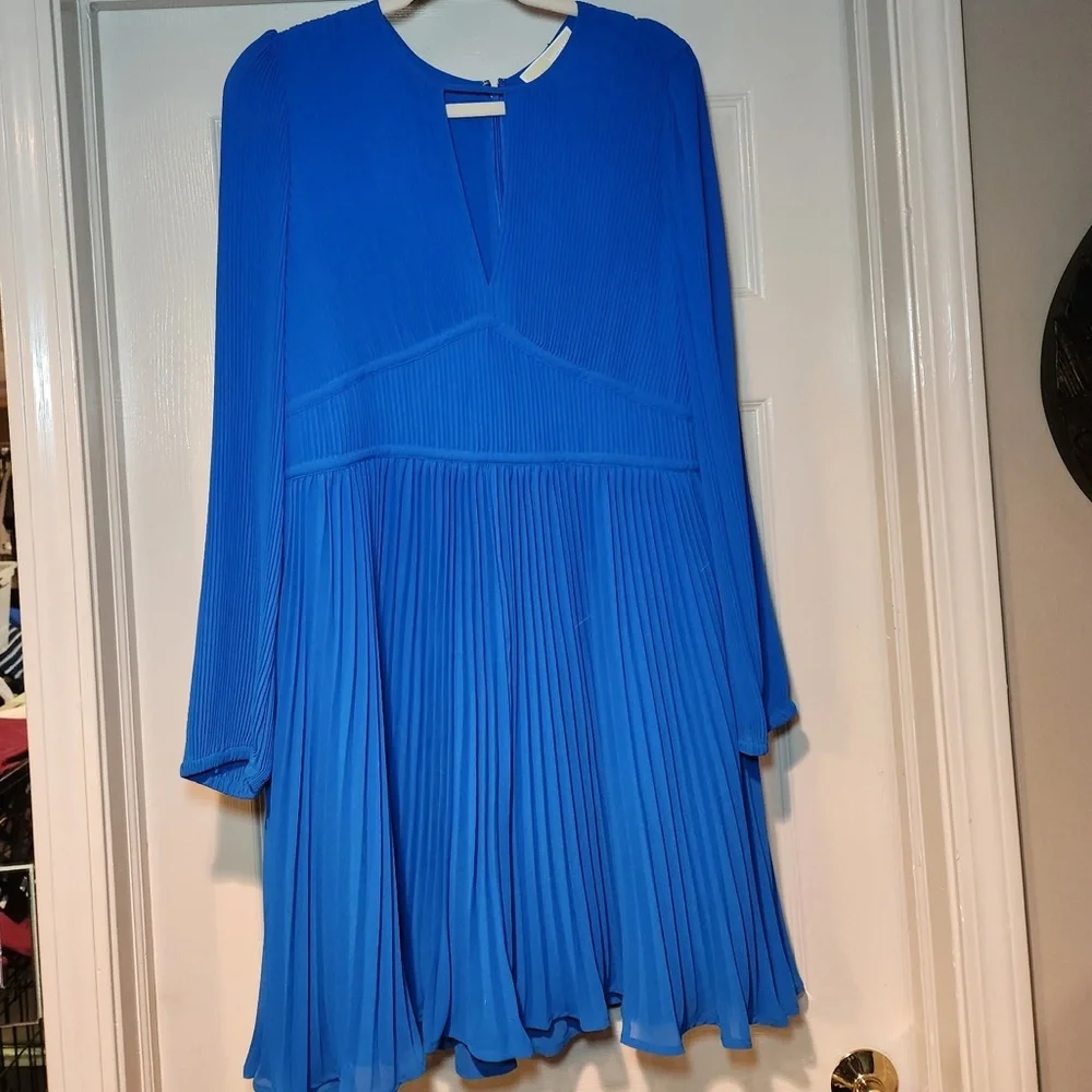 NWT MICHAEL Michael Kors Pleated Long Sleeve Mini‎ Dress Grecian Blue Feminine